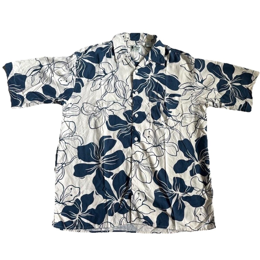 Vintage 100% Silk Hawaiian Aloha Camp Collar Shirt Men L Blue Drapey Relaxed Fit